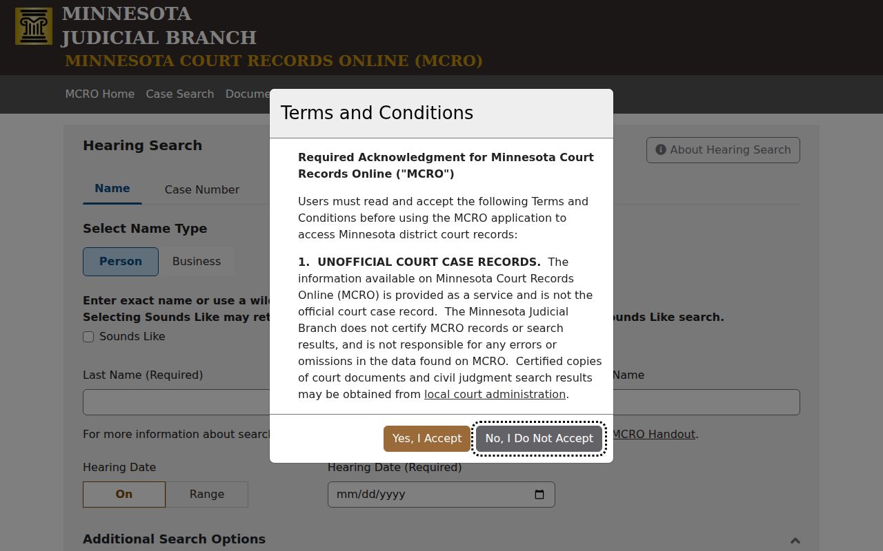 Jackson County court date MCRO Hearing Search interface