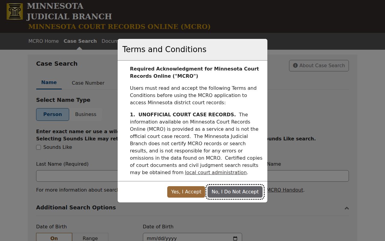 Jackson County court docket MCRO Case Search interface